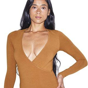 American Apparel Tan Long Sleeve Cross V Bodysuit